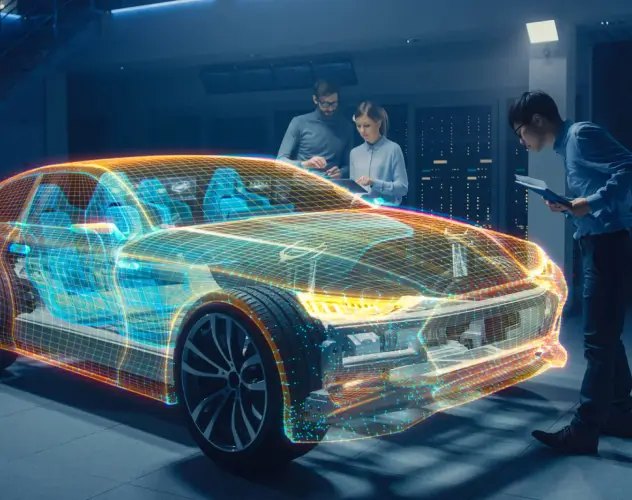 Engineers analysing a high-tech holographic display of a car in a modern automotive engineering lab.
