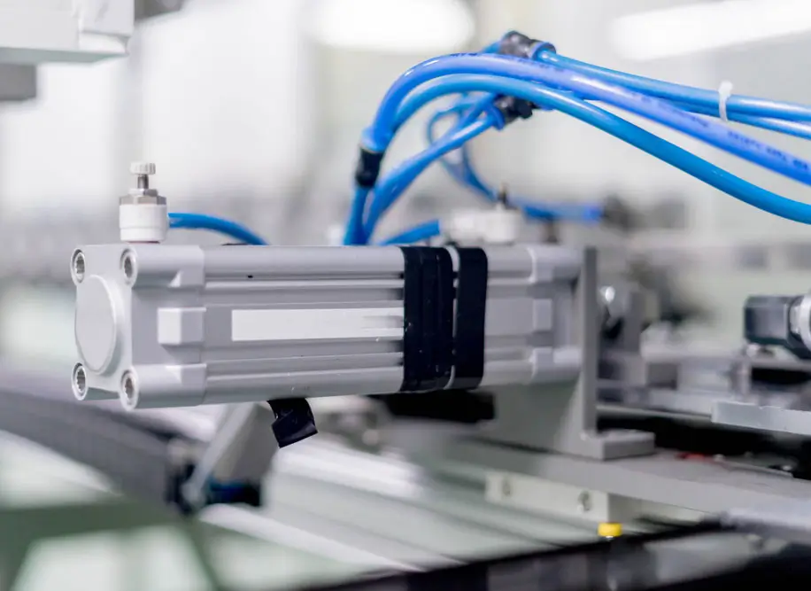 Close-up of a pneumatic actuator component used in industrial automation, showcasing the intricate connections and precision engineering required for smooth operation.