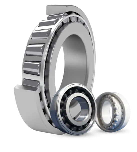 Three precision-engineered bearings of varying sizes, showcasing roller, ball, and spherical designs, used in industrial applications.