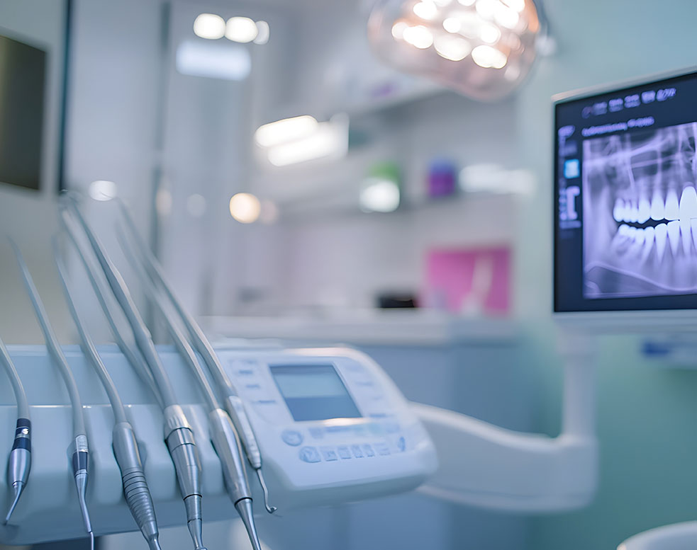 Dental treatment room with dental instruments and monitor displaying a patient’s dental X-ray.