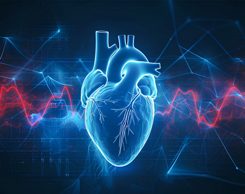 Digital illustration of an anatomical human heart with glowing ECG heartbeat lines and medical data graphics in the background.