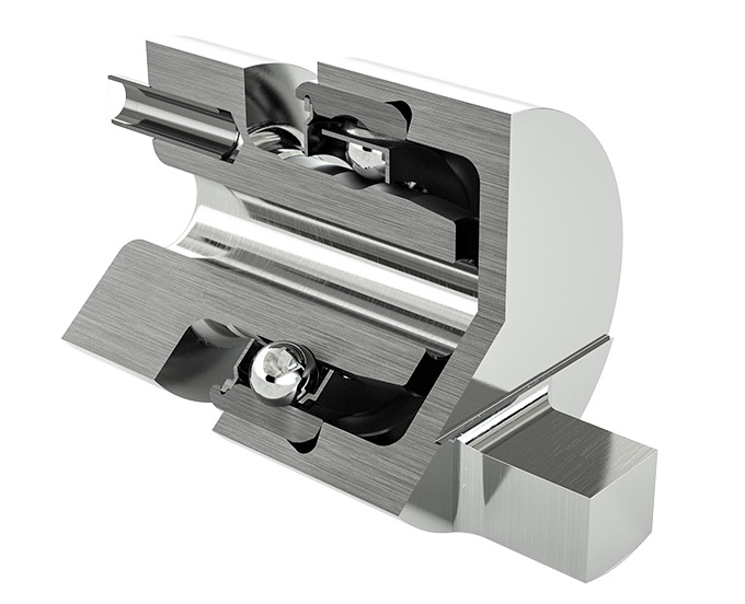 Cutaway view of a mounted bearing unit showing housing and internal rolling elements for shaft support