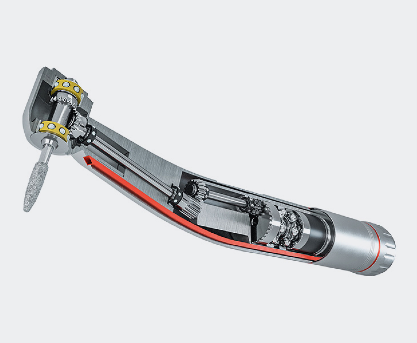 Cutaway view of a dental handpiece showing internal gears, drive shaft, and precision ball bearings.