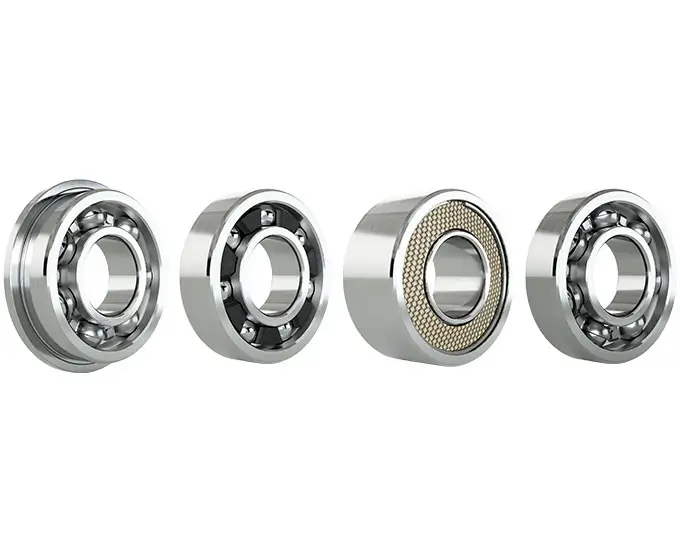 Four different images of radial deep groove ball bearings.