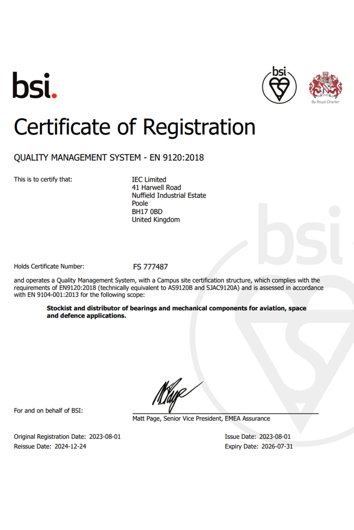 bsi certificate of registration for IEC Limited.