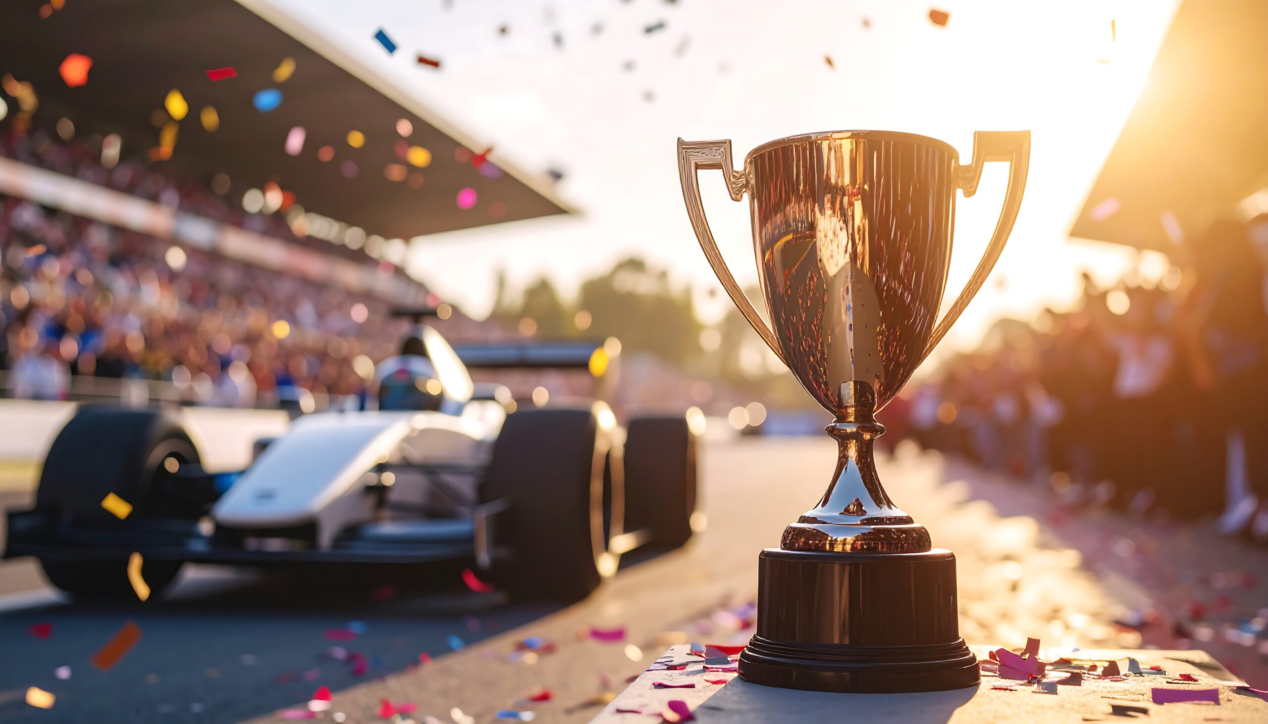 Gold trophy on a racetrack with a race car in the background