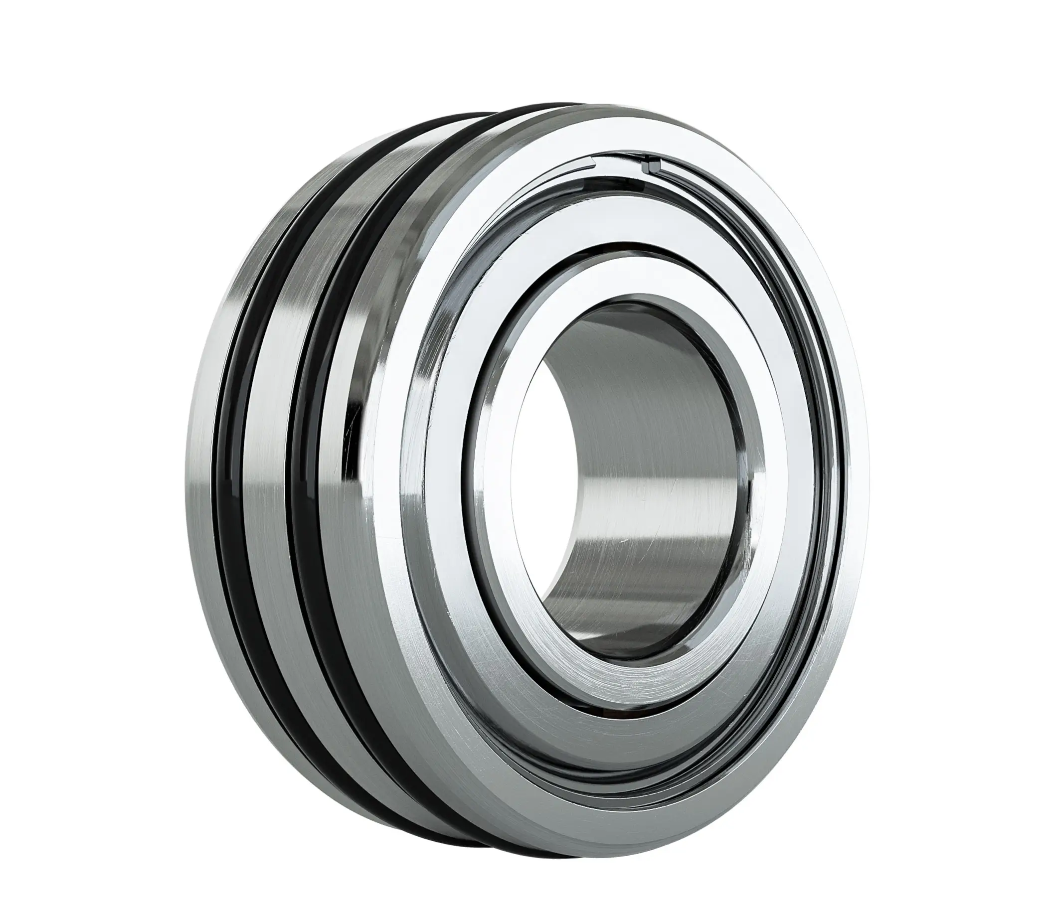 Precision special ball bearing with wide bore and polished steel finish.