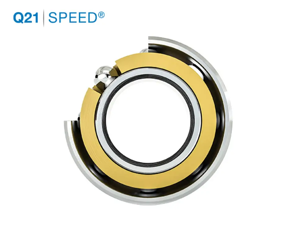 Cross-section of a GRW Q21 SPEED® angular contact ball bearing, showing the gold-coloured brass cage, polished steel ball and inner and outer rings, against a white background.