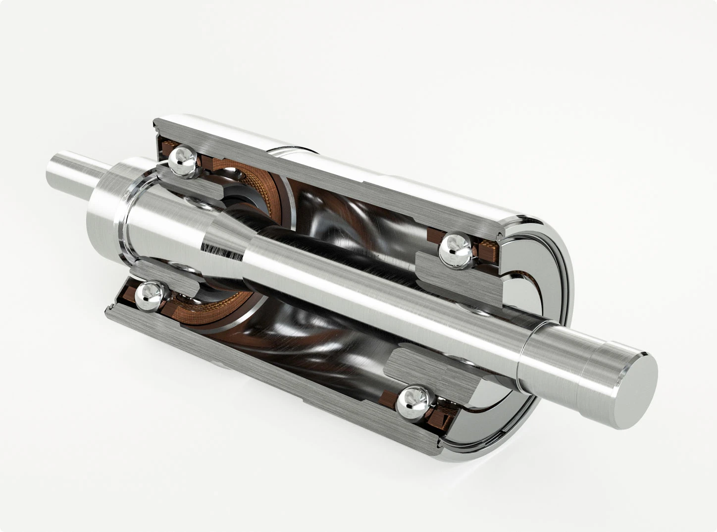 Cutaway diagram of ball bearing assembly showing shaft, bearing raceways, balls and housing.