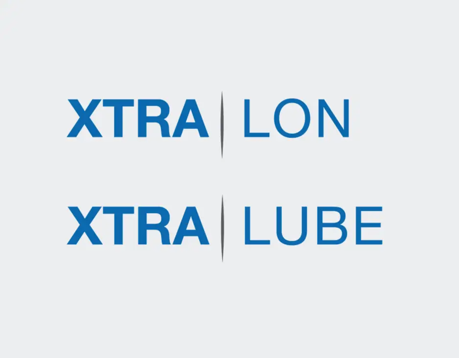 GRW XTRA LON and XTRA LUBE product range logos displayed in blue bold typography on a light grey background.