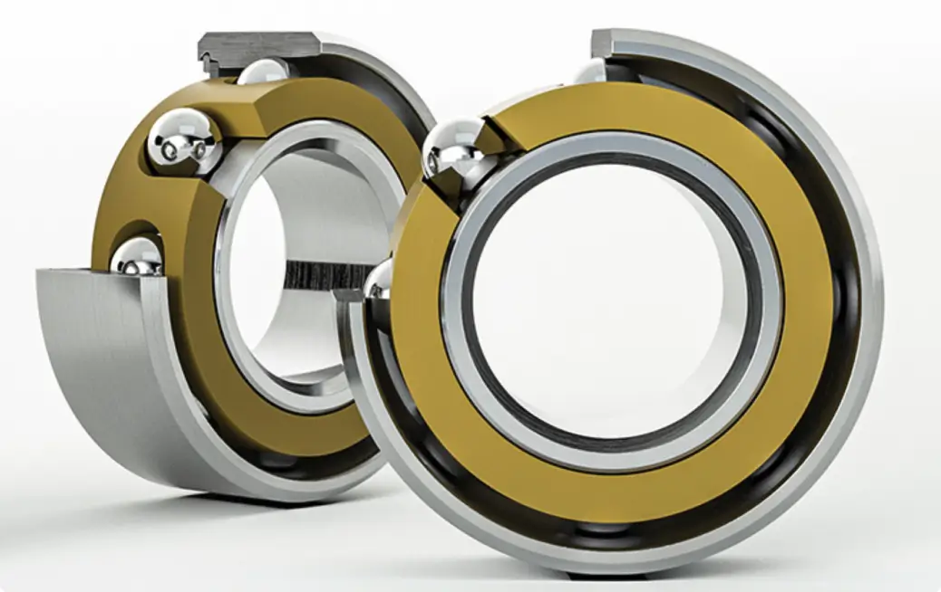 Two high-speed angular contact ball bearings with gold-coloured brass cages and polished steel balls, shown in cross-section against a white background - one upright and one partially behind it.
