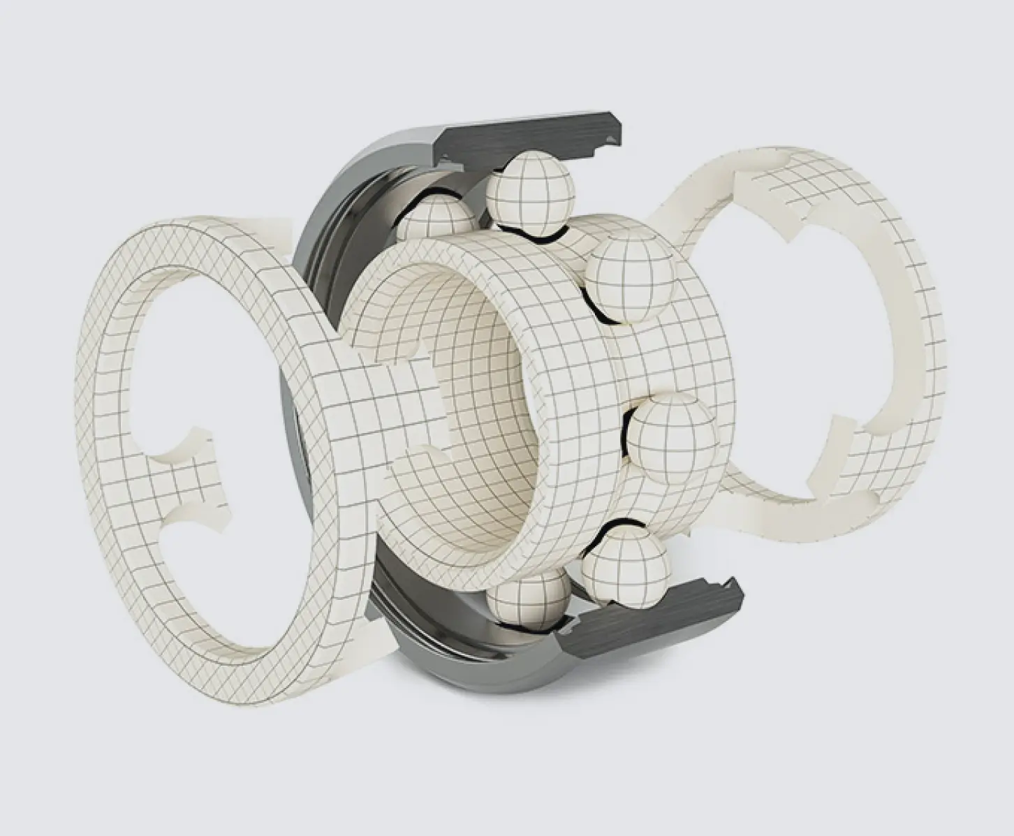 Exploded 3D render of a GRW ball bearing, showing the inner and outer rings, cage and ball elements separated to illustrate the individual components, against a light grey background.