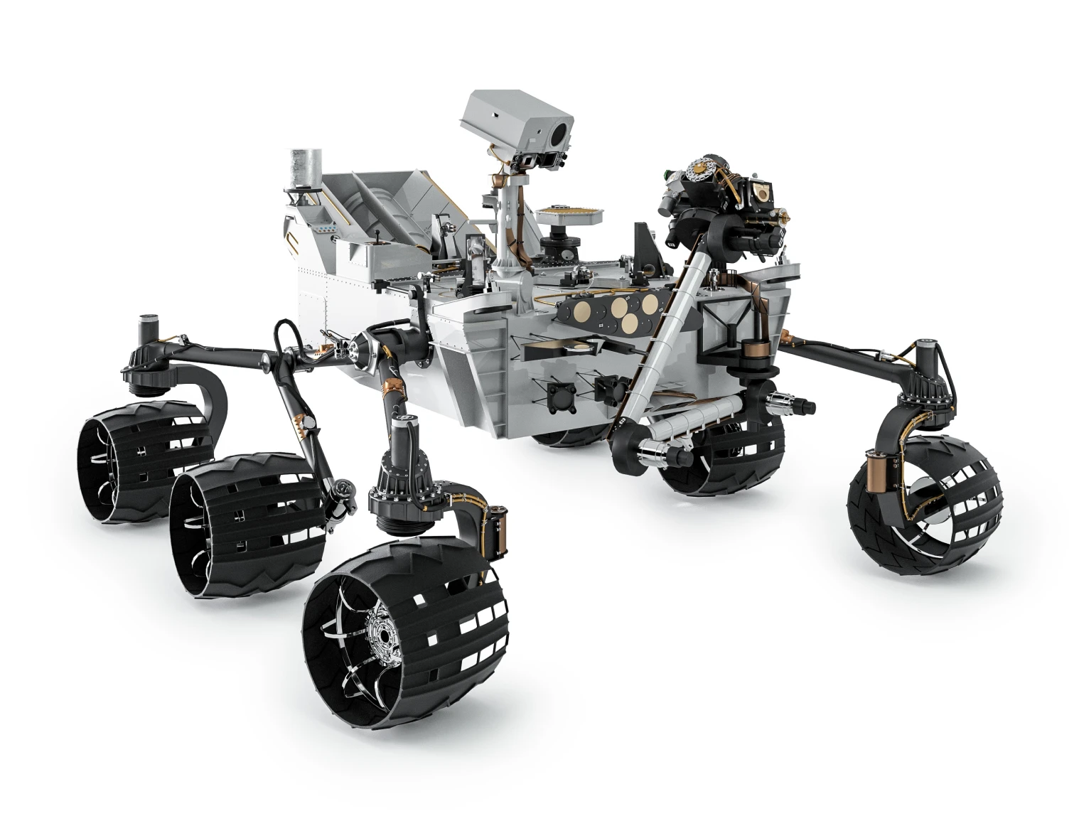 Six-wheel Mars rover with scientific instruments and camera mast used for planetary exploration.