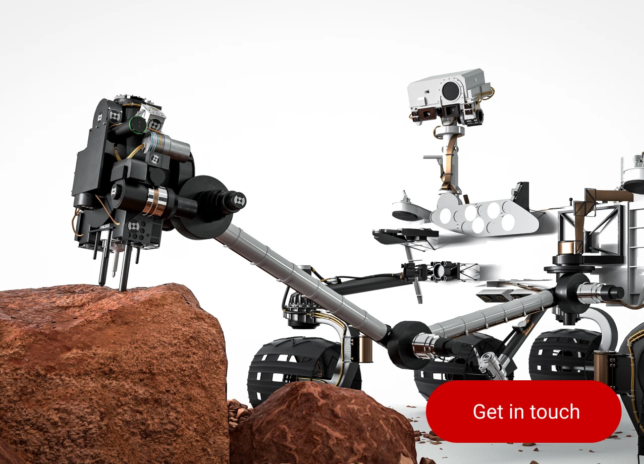 Planetary exploration rover with articulated robotic arm collecting rock samples.