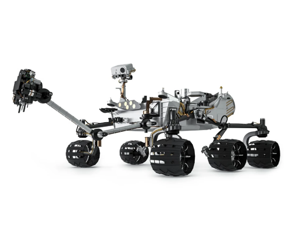 Robotic Mars rover with articulated arm and precision mechanical components used for planetary exploration.